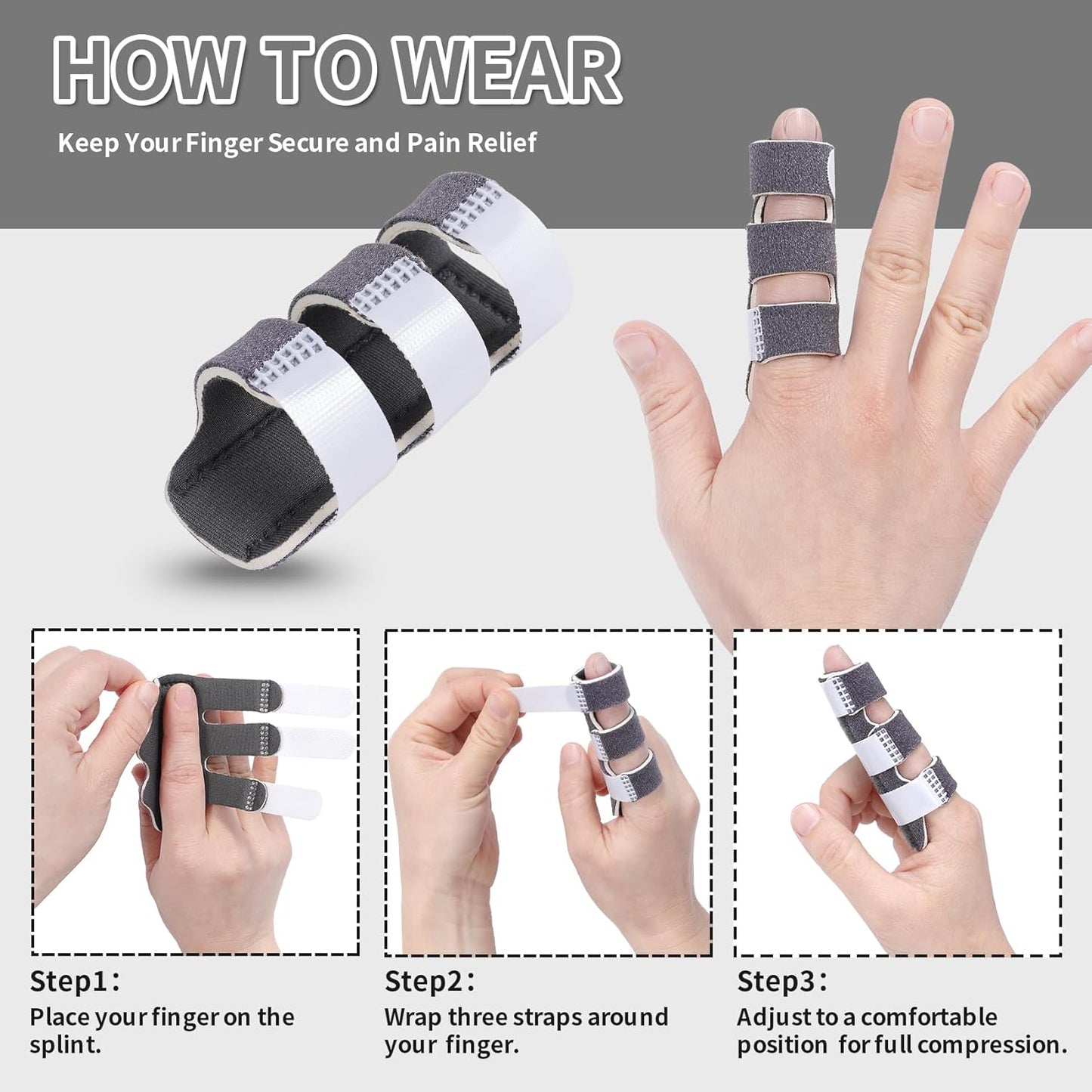 3-Strap Aluminum Finger Splint | Adjustable Finger Brace for Index, Middle & Ring Fingers | Finger Immobilizer Support
