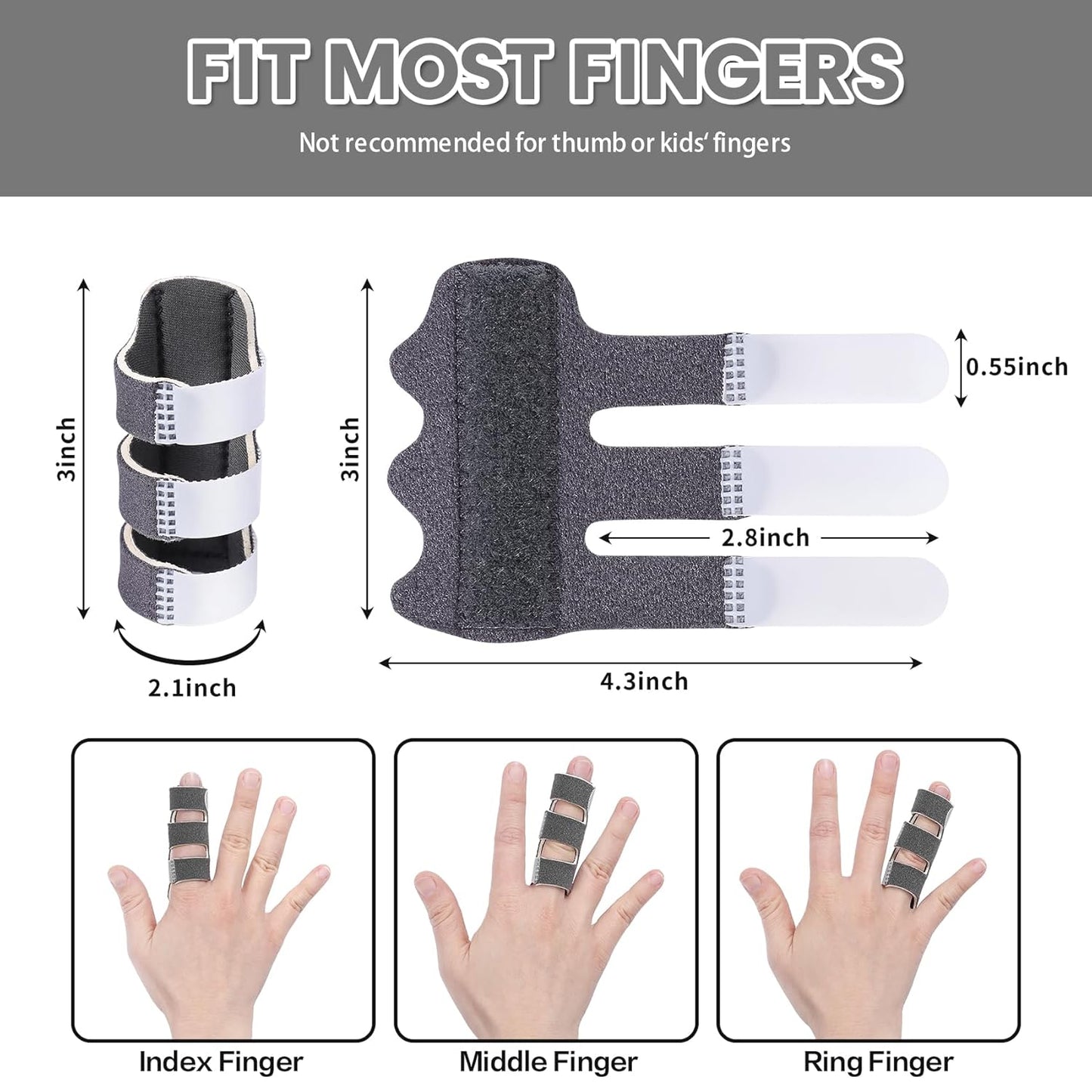 3-Strap Aluminum Finger Splint | Adjustable Finger Brace for Index, Middle & Ring Fingers | Finger Immobilizer Support
