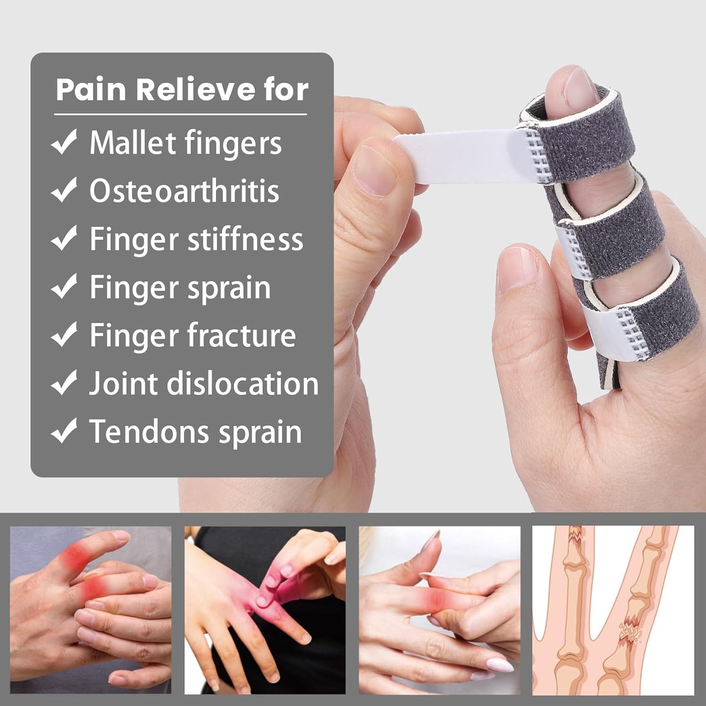 3-Strap Aluminum Finger Splint | Adjustable Finger Brace for Index, Middle & Ring Fingers | Finger Immobilizer Support