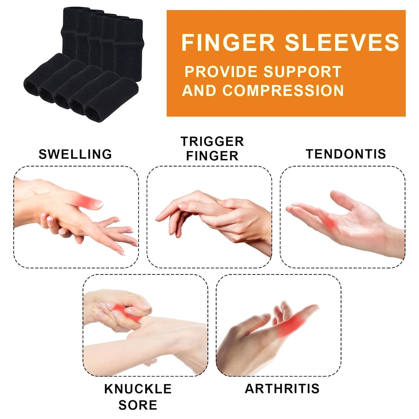 Elastic Finger Support Sleeves | Compression Finger Braces | Sports Finger Wraps | Black Finger Joint Protectors – 10 Pack