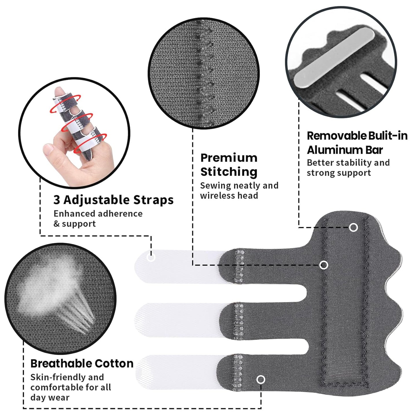 3-Strap Aluminum Finger Splint | Adjustable Finger Brace for Index, Middle & Ring Fingers | Finger Immobilizer Support