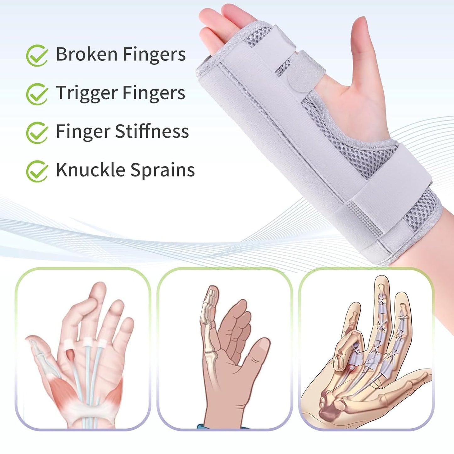 Breathable Finger Hand Brace with Aluminum Strip | Adjustable Wide Straps | Hand Wrist Support Splint for Injury Recovery & Pain Relief